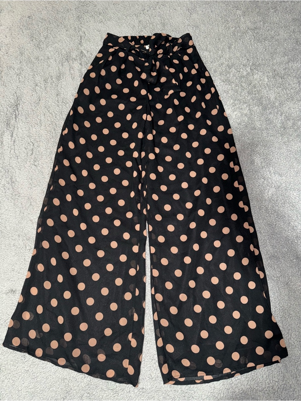 Black Wide-Leg Polka Dot Pants with Tan Dots